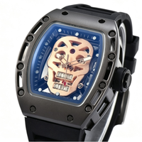 Montre mécanique automatique à cadran crâne creux, boîtier tonneau, bracelet en caoutchouc, montre-bracelet de luxe sport pour homme