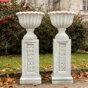 YOUFINE Urne de jardin en granit naturel sculptée à la main, paire de jardinières classiques cannelées sur piédestal pour entrée d'hôtel - Product Image 2
