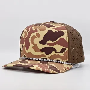 Custom 5 Panel Heren Waterdichte Old School Blank Camo Touw Hoed Geperforeerd Gat Outdoor Jacht Vissen Vintage Baseball Cap