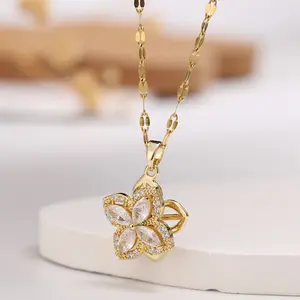 Stainless steel Jewellery Rotatable Love Four Leaf Clover CZ Diamond Spinning Necklace Valentine's Day Gift For women