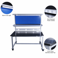Table de travail industrielle robuste OEM en gros avec plateau en acier inoxydable, éclairage LED, panneau perforé, prises électriques et roulettes en PU pour atelier