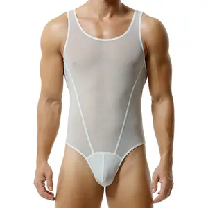 Baru tiba logo kustom pakaian dalam seksi pria satu potong melar semitransparent jumpsuit gay celana dalam jala gulat singlet