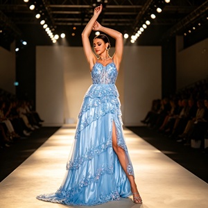 Vestido de Noche Elegante Azul Claro con Lentejuelas para Mujer, Vestido de <span class=keywords><strong>Fiesta</strong></span> Sirena con Tirantes Finos y Corsé, con Abertura Alta - Product Image 3