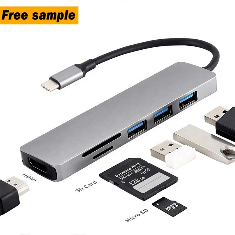 Pabrik Kustom 6-Port Usb 3.0 Hub dengan Kartu SD 6 In-1 Tipe C Hub untuk Komputer Apple