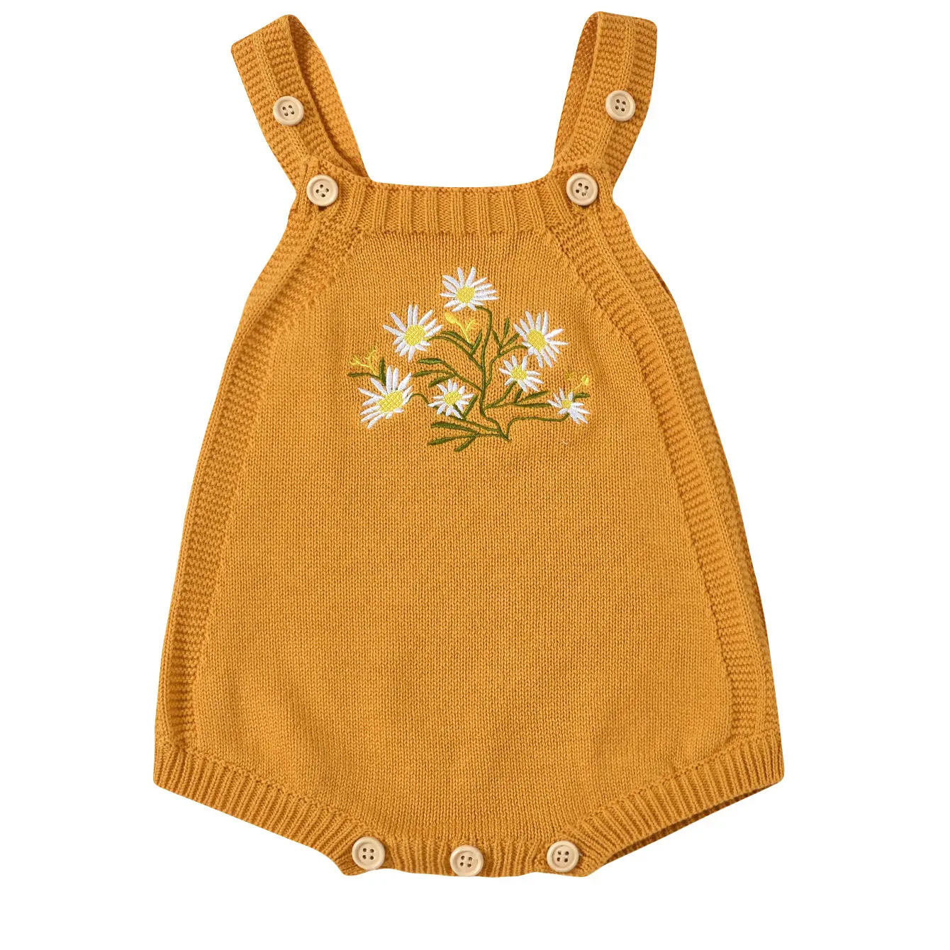 Macacão de bebê com bordado floral para bebês, macacão de malha 100% algodão para recém-nascidos sem mangas, macacão de malha personalizado