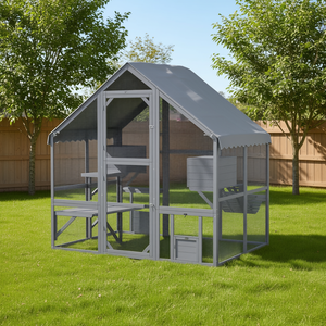 Catio de Madera Gris para Gatos, Recinto Exterior con Cubierta Impermeable, 2 Condominios, 4 Plataformas, Puertas con Puente para Múltiples Gatos, Modelo D0100X3R946 - Product Image 2