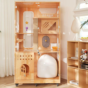 Lüks kauçuk ahşap pano temperli cam evrensel tekerlek Pet ev ekran kabine hareketli kedi evi Villa yetiştiriciliği odası kafes - Product Image 1