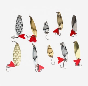 Juego de 10 señuelos metálicos giratorios tipo cuchara dorados con caja, anzuelos triples y señuelos duros para pesca. - Product Image 2
