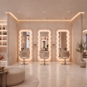 Mostrador de Recepción Ovalado BRUTALIST con Luces LED, Estante Escalonado en Marrón Claro Pulido, Solución de Diseño Interior para Tiendas de Cosméticos - Product Image 3
