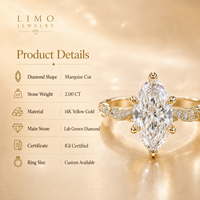 Bague de fiançailles en diamant de laboratoire taille marquise 2 carats E VVS, or jaune 14K, motif vigne torsadée, IGI, personnalisable OEM ODM, vente en gros