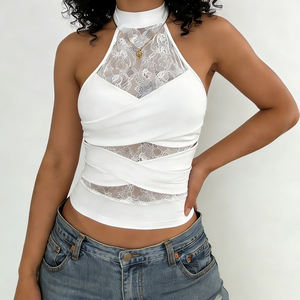 Top sin mangas para mujer, de encaje transparente, cuello alto, estilo halter, con cintura entallada, estilo sexy y atractivo. - Product Image 4