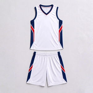 Ensemble de maillots de basket-ball sublimés personnalisés SHAFIQ SPORTS Blanc Bleu Rouge 23 Col en V Sans manches Évacuation de l'humidité Unisexe Adulte - Product Image 1