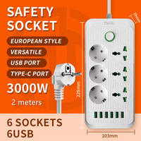 Multiprise universelle UE à prises triangulaires, ports USB PD Type C, protection enfant, ignifuge, protection contre les surtensions
