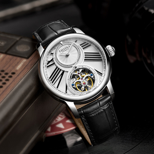 Montre mécanique squelette Caluola Flywheel avec verre <span class=keywords><strong>saphir</strong></span> synthétique arqué, bracelet en <span class=keywords><strong>cuir</strong></span>, étanche 5 ATM pour homme - Product Image 5