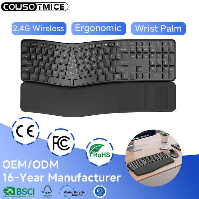 Hot Sale Ergonomic Wireless Keyboard Split Cushioned Wrist Palm Rest Natural Typing Rechargeable Office Keyboard Computer Office