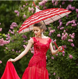 Kleurrijke Mode Pagode Paraplu Kant Biezen Lange Steel Buiten Dame Zon Regen Parasol Indian Bruiloft Paraplu