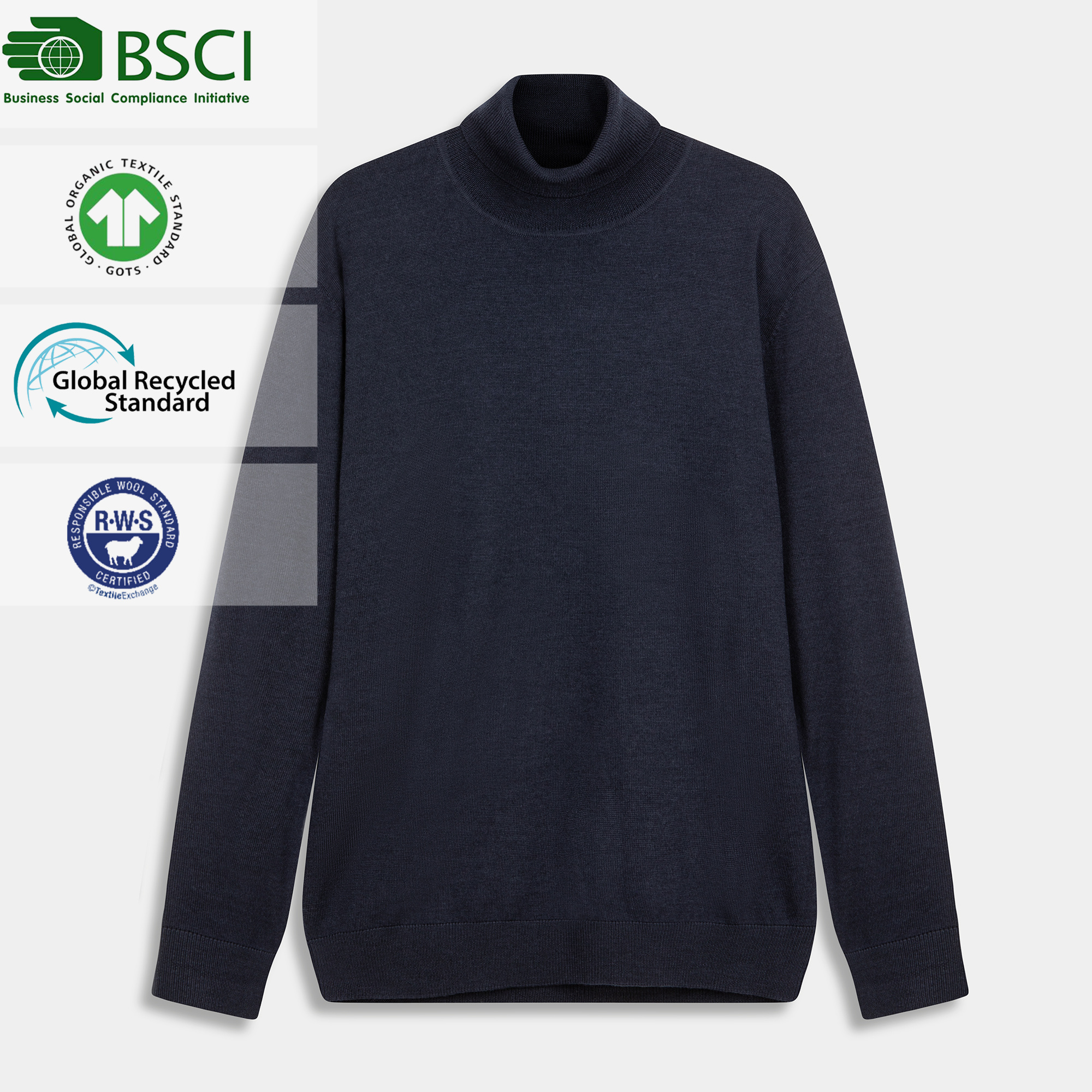 Wholesale Custom Navy High Neck Long Sleeve Turtleneck 100%Merino Wool Men's Pullover Sweater
