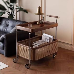 Solid Wood Storage Cart With Wheels Stainless Steel Frame Rattan <b>Shelf</b> Living Room Side Table Bedroom Office Mobile Trolley - Product Image 4