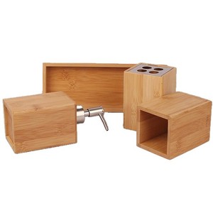 Ensemble de salle de bain en bambou Chobi Family 25,5x18x12cm, quatre pièces, porte-brosse à dents, distributeur de savon, design minimaliste - Product Image 2