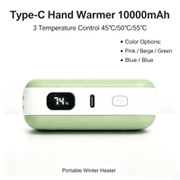 Calentador de Manos y Banco de Energía 2 en 1 de 10000mAh, Calentador Portátil con 3 Niveles de Temperatura, Pantalla Digital, Recargable Tipo-C
