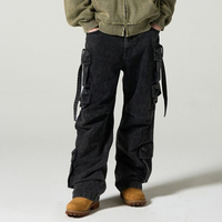 Jeans cargo OEM/ODM pour hommes, coupe ample, jambe large, denim délavé vintage, pantalon utilitaire, vente en gros directe d'usine