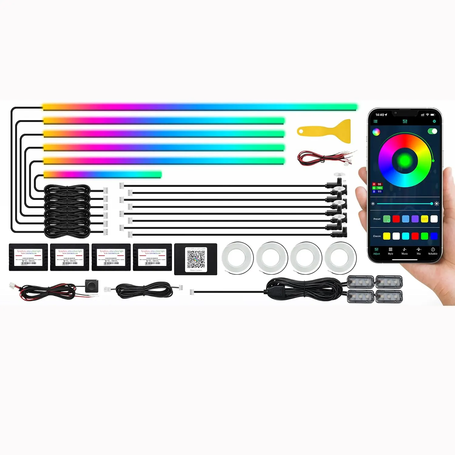 Interieur Auto Led Strip Light Met Draadloze App, Rgb 22 In 1 Omgevingsverlichting Kits 16 Miljoen Kleuren Geluid Actieve Functie