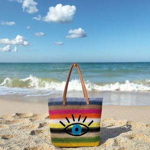 Summer Colorful Striped <b>Beach</b> <b>Bag</b> <b>Large</b> Capacity Evil Eyes Tote <b>Bag</b> Outdoor Travel Blue Eyes Straw <b>Bags</b> Customized - Product Image 2