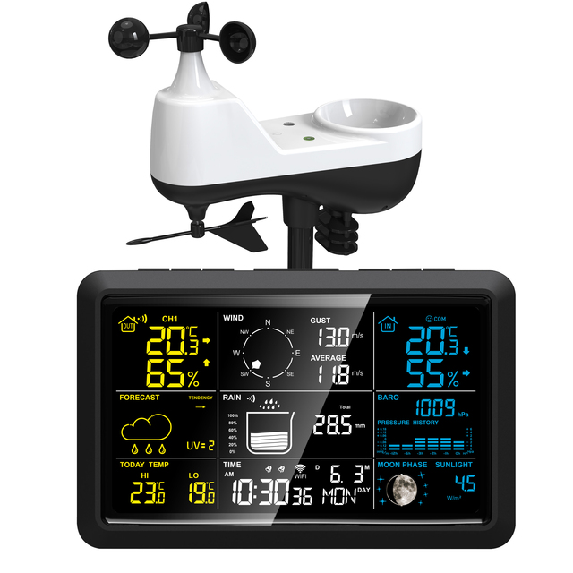 YJ5107 WiFi Tuya Smart Indoor Outdoor Wireless Temperature Humidity  Wind Speed Direction Weather Station with Rain  Sensor