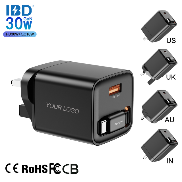 IBD Wholesale New Gan PD 30W Charger Retractable Cable Type C USB a Fast Charging Wall Charger for iphone Samsung Android