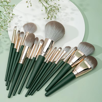 Ensemble de pinceaux de maquillage à manche vert professionnel, 14 pièces, kit d'outils de beauté pour le visage et les yeux, mélange de poudre, fond de teint, blush