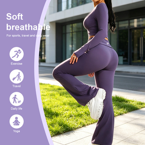 Custom Foldover Waist Yoga Pants Set Long Sleeve Cropped Top <strong>Flared</strong> <strong>Leggings</strong> Two Piece Gym Workout Wear for <strong>Women</strong> - Product Image 4