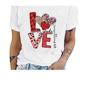 T-shirt pour femme « Love Never Fails » à manches courtes, col rond, imprimé cœur léopard, jersey décontracté en tissu mélangé, toutes saisons, lavable en machine - Product Image 1