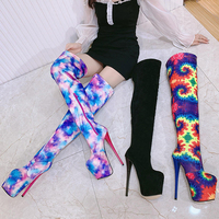 Mode Tie-dye Dames Plate-Forme Chaussures Bottes Longues 19 CM Talons Aiguilles Sexy Pole Dance Chaussures Cuissardes Femmes