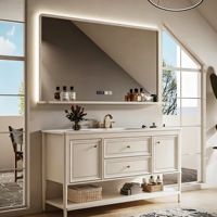 Meuble de salle de bain personnalisé XINGRUO avec miroir LED intelligent, meuble de rangement moderne de luxe à lavabo unique pour hôtels et salles de bain résidentielles