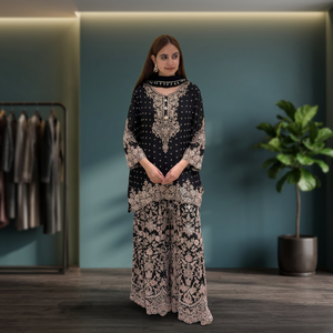 Trending Jet Black Salwar Kameez Gold Threadwork Neck Yoke Scalloped Hem Short Tunic Heavy Work Palazzo Scarf 3 Piece Designer - Product Image 1