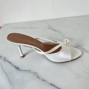 Elegant Satin Women's Mules With Pearl Detail, High Heel <b>Open</b> Toe Slip-On Sandals for Wedding & Formal Occasions - Product Image 3