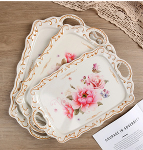 Juego de Bandejas de Melamina con Asas - Rectangulares, Gruesas, Estilo Retro de Lujo, con Relieve Floral, para Uso Doméstico - Product Image 6