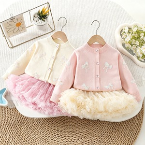 Set Due Pezzi Stile Principessa Autunno Inverno, Cardigan in Maglia con Fiocco e <span class=keywords><strong>Gonna</strong></span> Tutu in <span class=keywords><strong>Tulle</strong></span> per Bambine, Abbigliamento Quotidiano - Product Image 1
