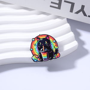 Pin con diseño de Gato Negro Arcoíris, Perla y Té <span class=keywords><strong>Bobo</strong></span> con Impresión UV, Broches Kawaii Psicodélicos de Animales, Insignia para Bolsos y Solapas, Regalo para Niños y Amigos - Product Image 2