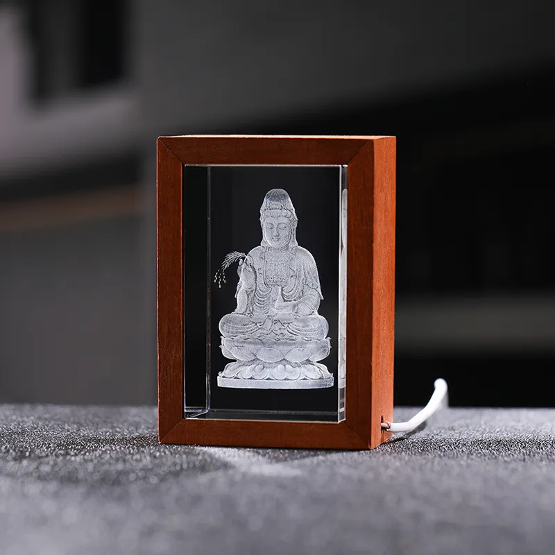 Kerajinan kristal religius kustom patung Buddha ukir Laser 3D kubus kristal foto dengan dasar bingkai kayu LED