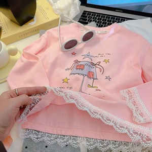 T-shirt Primaverile 2025 per Bambine in Stile Coreano <span class=keywords><strong>con</strong></span> Stampa, Orlo in Pizzo e Motivo Cartoon, in Puro Cotone - Product Image 3