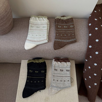 Chaussettes mi-mollet pour femme en jacquard épais Fair Isle, en coton, style Instagram, tendance printemps-automne, blanches, à motifs floraux délicats