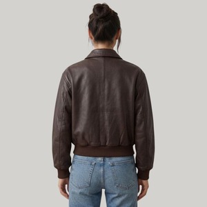 Blouson aviateur décontracté en cuir véritable marron imperméable et léger avec fermeture éclair pour femme, style rétro streetwear - Product Image 2