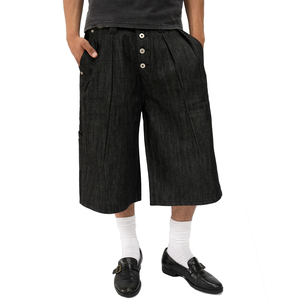 Shorts en jean capri plissés sur le devant pour hommes, style streetwear, coupe ample, 100 % coton épais, denim brut noir - Product Image 2
