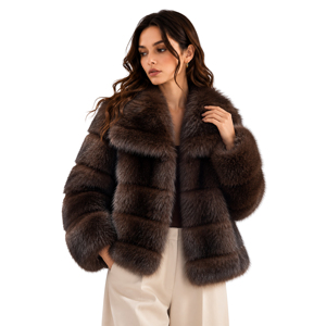 Abrigo Corto de Piel Sintética Marrón para Mujer, con Solapa Grande y Rayas Horizontales, Prenda de Invierno de Lujo, Chaqueta Elegante para Fiesta - Product Image 1
