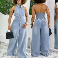 Combinaison en Jean Chic Femme, sans Manches, Col Halter, Jambes Larges, Élégante pour Boutique