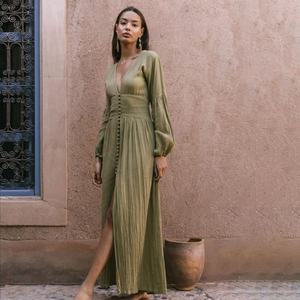 Vestido Casual de Gasa para Mujer, Elegante, Vintage, Cuello en V, Manga Larga, Vestidos Midi para Fiesta - Product Image 6