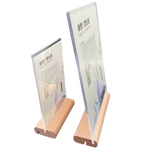 Acrylic Sign Holder 5 x 7 Inch Clear Sign Holder Wooden Base Double-Side Table Menu T-Shaped Acrylic Display Stand