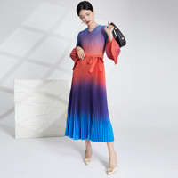 Robe plissée ceinture ample taille femmes européennes et américaines mode Style décontracté femmes dégradé rouge bleu couleur robe imprimée