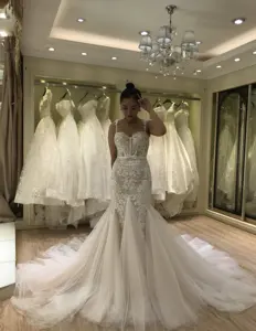 Vestido de boda para mujer, vestido sexy con tirantes finos, color champán y Sirena, 2021